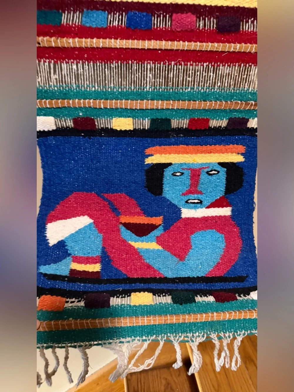 Vintage Mayan Aztec Tapestry Wall Hanging Handwoven Wool Boho Folk Art